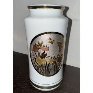 Vintage Japanese Vase -The Art‎ Of Chokin - Butterflies & Iris - 24K Gold - 6"